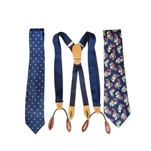 Vintage Cole Haan Navy Suspenders with Two Patterned Silk Navy Ties